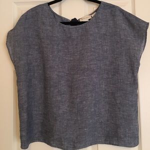 Navy, linen, blouse with bows on back.